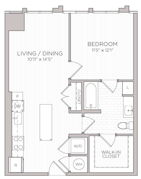 Floor plan for 1 bed, 1 bath, 696 sqft